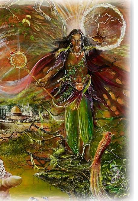 Fantasy illustration of an angel in a mystical landscape